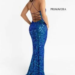 In Stock Primavera Couture 3290 Blue Prom Dress Sequins Long Fitted Tie Back Scoop Neckline Size 12