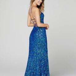 In Stock Primavera Couture 3290 Blue Prom Dress Sequins Long Fitted Tie Back Scoop Neckline Size 12