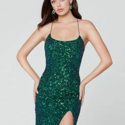 In Stock Primavera Couture 3290 Size 8 F. Green Prom Dress Sequins Long Fitted Tie Back Scoop Neckline
