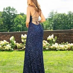 In Stock Primavera Couture 3290 Blue Prom Dress Sequins Long Fitted Tie Back Scoop Neckline Size 12