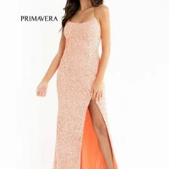 Primavera Couture 3290 Prom Dress Sequins Long Fitted Tie Back Scoop Neckline Corset Dresses