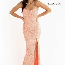 Primavera Couture 3290 Prom Dress Sequins Long Fitted Tie Back Scoop Neckline Corset Dresses