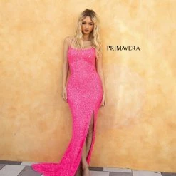 In Stock Backless Dresses Primavera Couture 3290 Neon Pink Size 4, 6 Prom Dress Sequins Long Fitted Tie Back Scoop Neckline