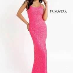 In Stock Backless Dresses Primavera Couture 3290 Neon Pink Size 4, 6 Prom Dress Sequins Long Fitted Tie Back Scoop Neckline