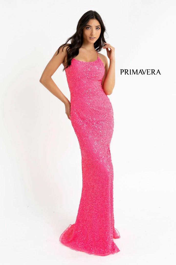 In Stock Primavera Couture 3290 Size 0 Fuchsia Prom Dress Sequins Long Fitted Tie Back Scoop Neckline 87 In Stock Primavera Couture 3290 Size 0 Fuchsia Prom Dress Sequins Long Fitted Tie Back Scoop Neckline