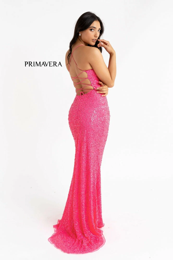 In Stock Primavera Couture 3290 Size 0 Fuchsia Prom Dress Sequins Long Fitted Tie Back Scoop Neckline 86 In Stock Primavera Couture 3290 Size 0 Fuchsia Prom Dress Sequins Long Fitted Tie Back Scoop Neckline