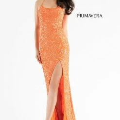 Primavera Couture 3290 Prom Dress Sequins Long Fitted Tie Back Scoop Neckline Corset Dresses