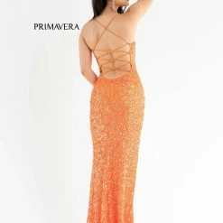 Primavera Couture 3290 Prom Dress Sequins Long Fitted Tie Back Scoop Neckline Corset Dresses