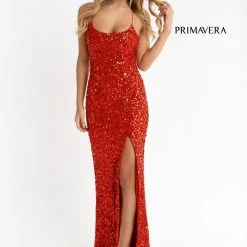 Primavera Couture 3290 Prom Dress Sequins Long Fitted Tie Back Scoop Neckline Corset Dresses