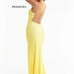 In Stock Backless Dresses Primavera Couture 3290 Size 4, 10 Yellow Prom Dress Sequins Long Fitted Tie Back Scoop Neckline