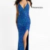 In Stock Backless Dresses Primavera Couture 3291 Blue Prom Dress Sequins V Neckline Fitted Side Slit Backless Sizes 00, 2, 4, 8, 12, 14