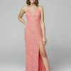 In Stock Backless Dresses Primavera Couture 3291 Coral Prom Dress V Neckline Backless Sequins Slit Sizes 2, 6