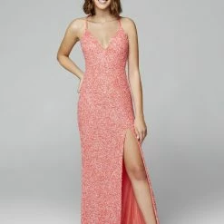 In Stock Backless Dresses Primavera Couture 3291 Coral Prom Dress V Neckline Backless Sequins Slit Sizes 2, 6