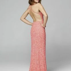 In Stock Backless Dresses Primavera Couture 3291 Coral Prom Dress V Neckline Backless Sequins Slit Sizes 2, 6