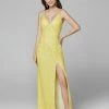 In Stock Backless Dresses Primavera Couture 3291 Yellow Prom Dress Sequins V Neckline Backless Slit Sizes 6, 8