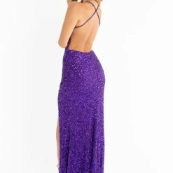 In Stock Backless Dresses Primavera Couture 3291 Purple Prom Dress Sequins V Neckline Backless Slit Sizes 2