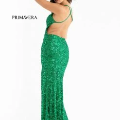 Primavera Couture 3295 Prom Dress V Neckline Sequins Backless Slit Formal Evening Gown Backless Dresses
