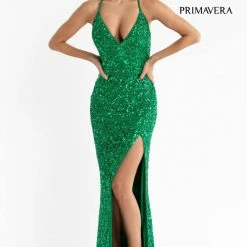 In Stock Primavera Couture 3295 Size 2 Purple Prom Dress V Neckline Sequins Backless Slit Formal Evening Gown 72 In Stock Primavera Couture 3295 Size 2 Purple Prom Dress V Neckline Sequins Backless Slit Formal Evening Gown