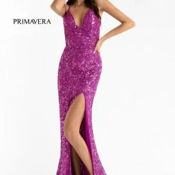 In Stock Primavera Couture 3295 Size 2 Purple Prom Dress V Neckline Sequins Backless Slit Formal Evening Gown 67 In Stock Primavera Couture 3295 Size 2 Purple Prom Dress V Neckline Sequins Backless Slit Formal Evening Gown
