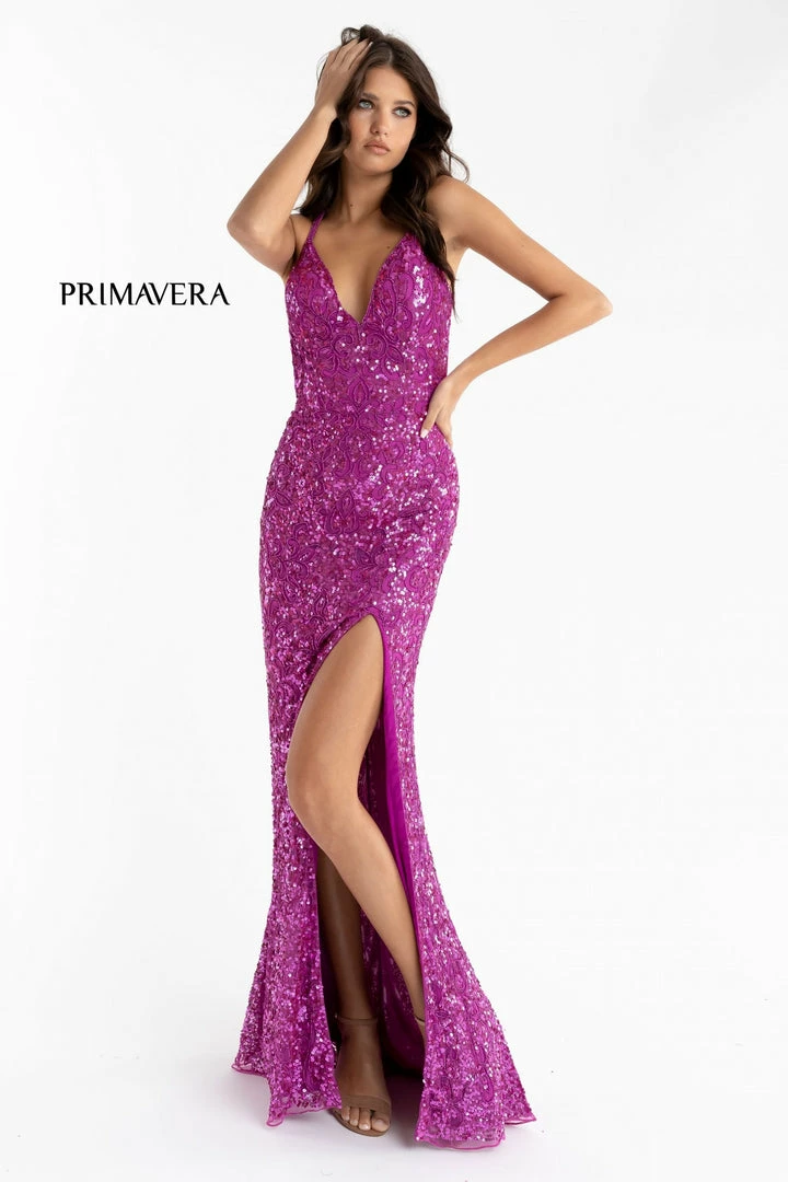 In Stock Primavera Couture 3295 Size 2 Purple Prom Dress V Neckline Sequins Backless Slit Formal Evening Gown 7 In Stock Primavera Couture 3295 Size 2 Purple Prom Dress V Neckline Sequins Backless Slit Formal Evening Gown