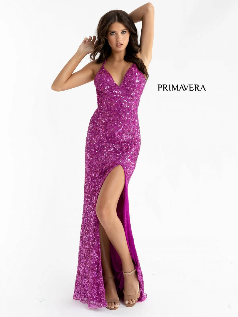In Stock Primavera Couture 3295 Size 2 Purple Prom Dress V Neckline Sequins Backless Slit Formal Evening Gown 42 In Stock Primavera Couture 3295 Size 2 Purple Prom Dress V Neckline Sequins Backless Slit Formal Evening Gown