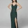 In Stock Backless Dresses Primavera Couture 3295 Forest Green Prom Dress V Neckline Sequins Backless Slit Sizes 6, 10, 16