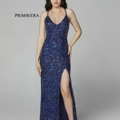 Primavera Couture 3295 Prom Dress V Neckline Sequins Backless Slit Formal Evening Gown Backless Dresses