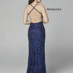 Primavera Couture 3295 Prom Dress V Neckline Sequins Backless Slit Formal Evening Gown Backless Dresses