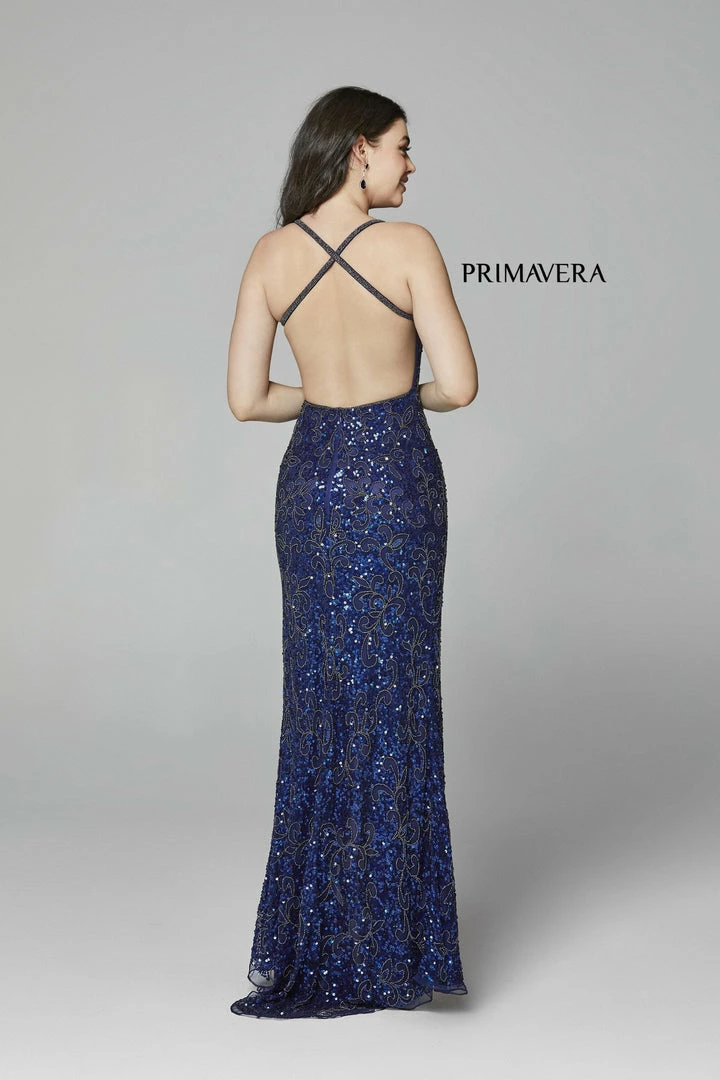 In Stock Primavera Couture 3295 Size 2 Purple Prom Dress V Neckline Sequins Backless Slit Formal Evening Gown 46 In Stock Primavera Couture 3295 Size 2 Purple Prom Dress V Neckline Sequins Backless Slit Formal Evening Gown