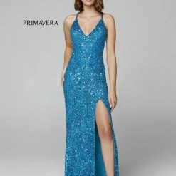 Primavera Couture 3295 Prom Dress V Neckline Sequins Backless Slit Formal Evening Gown Backless Dresses