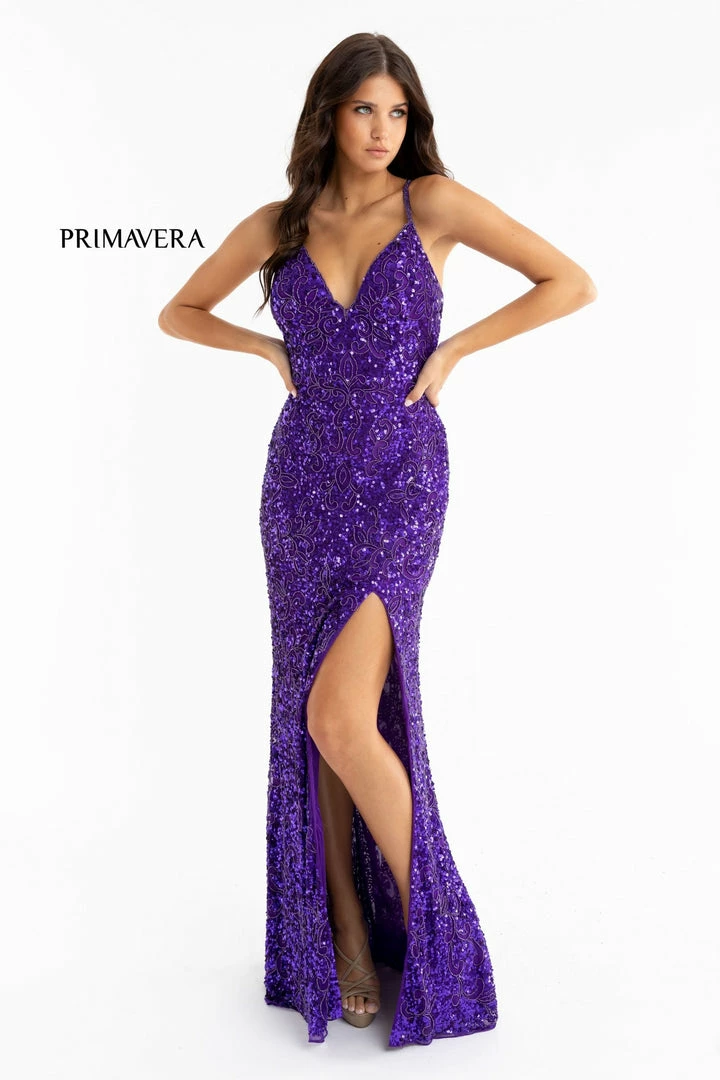 In Stock Primavera Couture 3295 Size 2 Purple Prom Dress V Neckline Sequins Backless Slit Formal Evening Gown 3 In Stock Primavera Couture 3295 Size 2 Purple Prom Dress V Neckline Sequins Backless Slit Formal Evening Gown