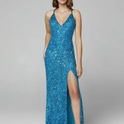 In Stock Primavera Couture 3295 Peacock Prom Dress Sequins Beaded Long V Neckline Slit Sizes 0, 4, 10, 14 Backless Dresses