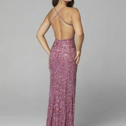 Primavera Couture 3295 Prom Dress V Neckline Sequins Backless Slit Formal Evening Gown Backless Dresses