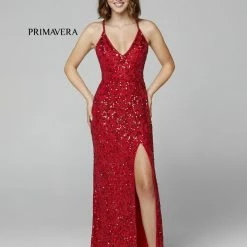 In Stock Primavera Couture 3295 Size 2 Purple Prom Dress V Neckline Sequins Backless Slit Formal Evening Gown 75 In Stock Primavera Couture 3295 Size 2 Purple Prom Dress V Neckline Sequins Backless Slit Formal Evening Gown