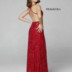 In Stock Primavera Couture 3295 Red Size 10 Prom Dress V Neckline Sequins Backless Slit Formal Evening Gown Backless Dresses