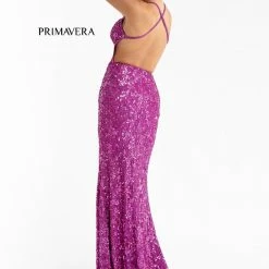 In Stock Primavera Couture 3295 Size 2 Fuchsia Prom Dress Sequins V Neckline Backless Slit Backless Dresses