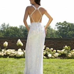 In Stock Backless Dresses Primavera Couture 3297 Blue Size 00 V Neckline Sequin Prom Dress Evening Gown Slit