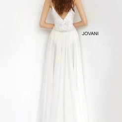 Jumpsuits & Rompers Jovani 3308 Plunging Neckline Prom Dress Chiffon Sheer Embellished Illusion