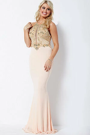 In Stock Backless Dresses Jovani 33473 Blush/Gold Size 00 Embellished Neckline Stretch Jersey Prom Dress 3 In Stock Backless Dresses Jovani 33473 Blush/Gold Size 00 Embellished Neckline Stretch Jersey Prom Dress