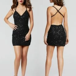 Backless Dresses Primavera Couture 3353 Red Cocktail Dress Sequin Backless V Neckline Fitted