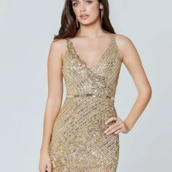 In Stock Primavera Couture 3412 Size 6, 12 Beaded Sequins Prom Dress V Neckline Slit Formal