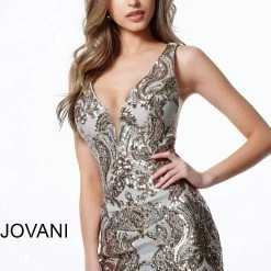 Jovani 3414 Gold Silver Low V Neck Sleeveless Homecoming Dress Prom Gown