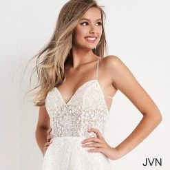 JVN By Jovani Backless Dresses Jovani JVN04709 Embroidered Lace Short Fit And Flare Cocktail Dress Homecoming Dress