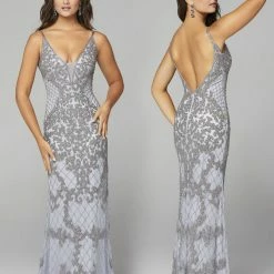 Primavera Couture 3433 Long V Neckline Sequin Prom Dress Embellished Straight Skirt 100 Primavera Couture 3433 Long V Neckline Sequin Prom Dress Embellished Straight Skirt