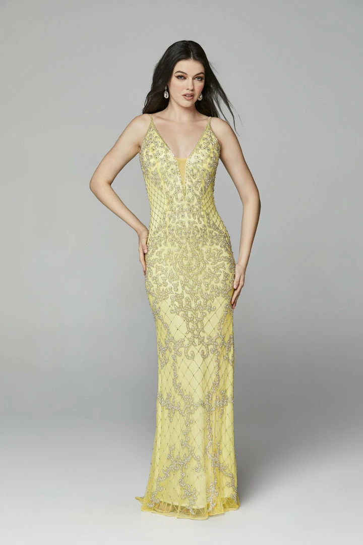 Primavera Couture 3433 Long V Neckline Sequin Prom Dress Embellished Straight Skirt 62 Primavera Couture 3433 Long V Neckline Sequin Prom Dress Embellished Straight Skirt