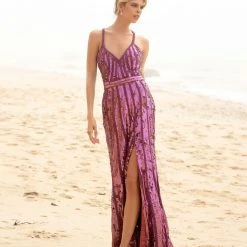 In Stock Primavera Couture 3441 Pink Prom Dress Sequin Embellished Iridescent V Neckline Size 00, 4, 10