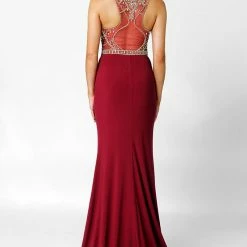 In Stock Swing Prom 3463 Sleeveless High Neckline Beaded Bodice And Jersey Gown Wine Size 4