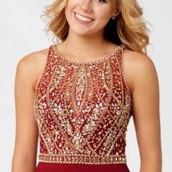 In Stock Swing Prom 3463 Sleeveless High Neckline Beaded Bodice And Jersey Gown Wine Size 4