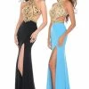 In Stock Backless Dresses Precious Formals P35103 Size 2 Pageant Prom Dress Slit Jersey Cutout High Neck