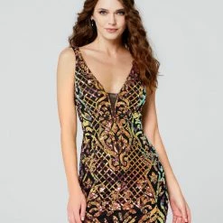 Backless Dresses Primavera Couture 3523 V Neckline Fitted Sequins Short Cocktail Dress Homecoming Dress